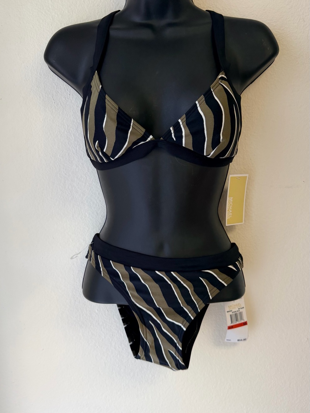 Michael Kors Black, Olive & White Striped Two-Piece Bikini